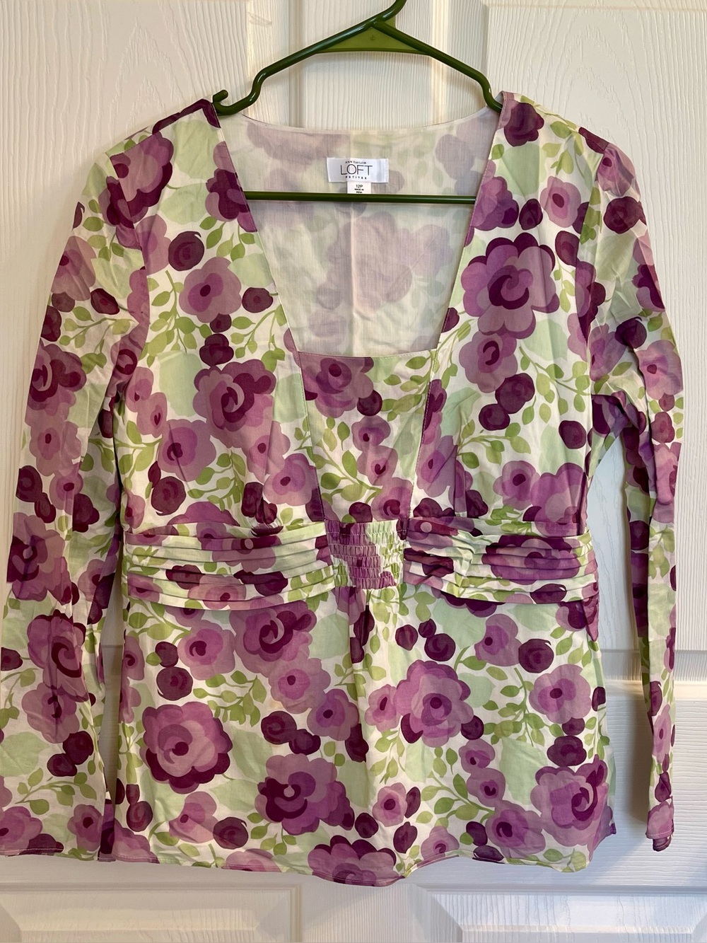 Ann Taylor Loft Petites Y2K Floral Boho Long Sleeve 100% Cotton Blouse, 12P